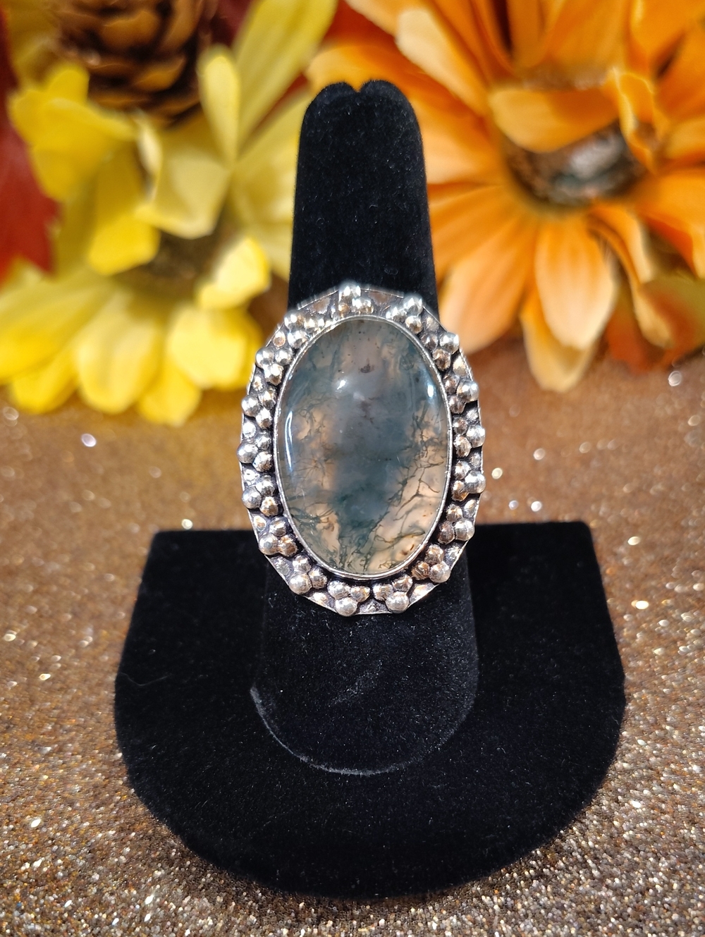 Moss Agate 925 Silver Gemstone Ring - Size 8 1/2